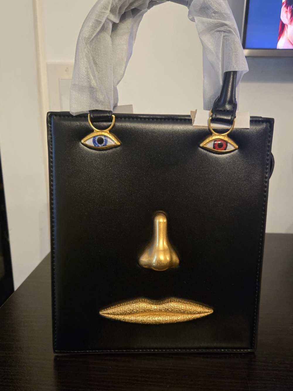Schiaparelli Inspied Black Novelty Face Tote Bag with Gold Accents